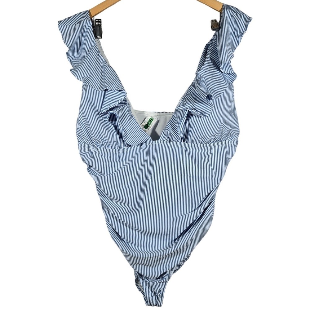 J Crew Striped Ruffle One Piece Swimsuit Women's Size 22 Blue White Bathing Suit
